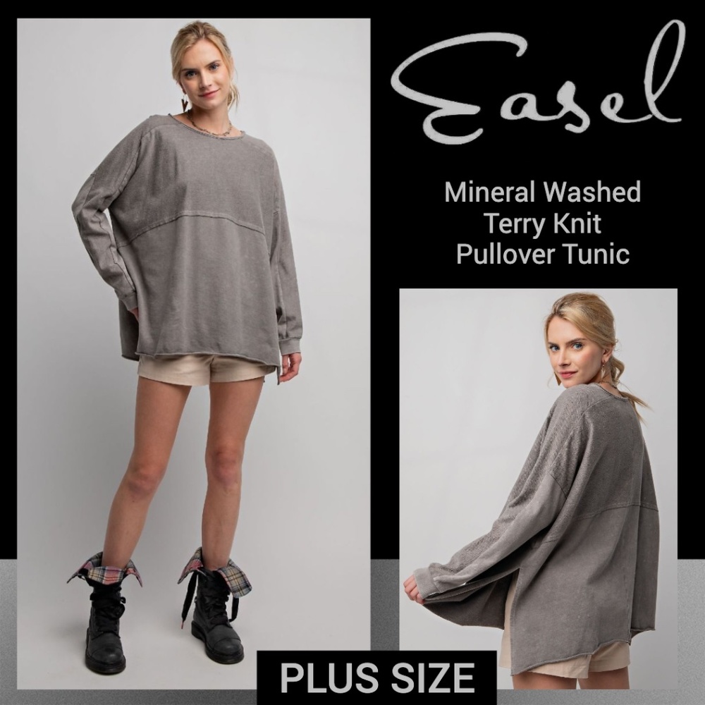 EASEL Loose Cotton Terry Knit Mineral Washed Tunic Side Slits Distressed Details